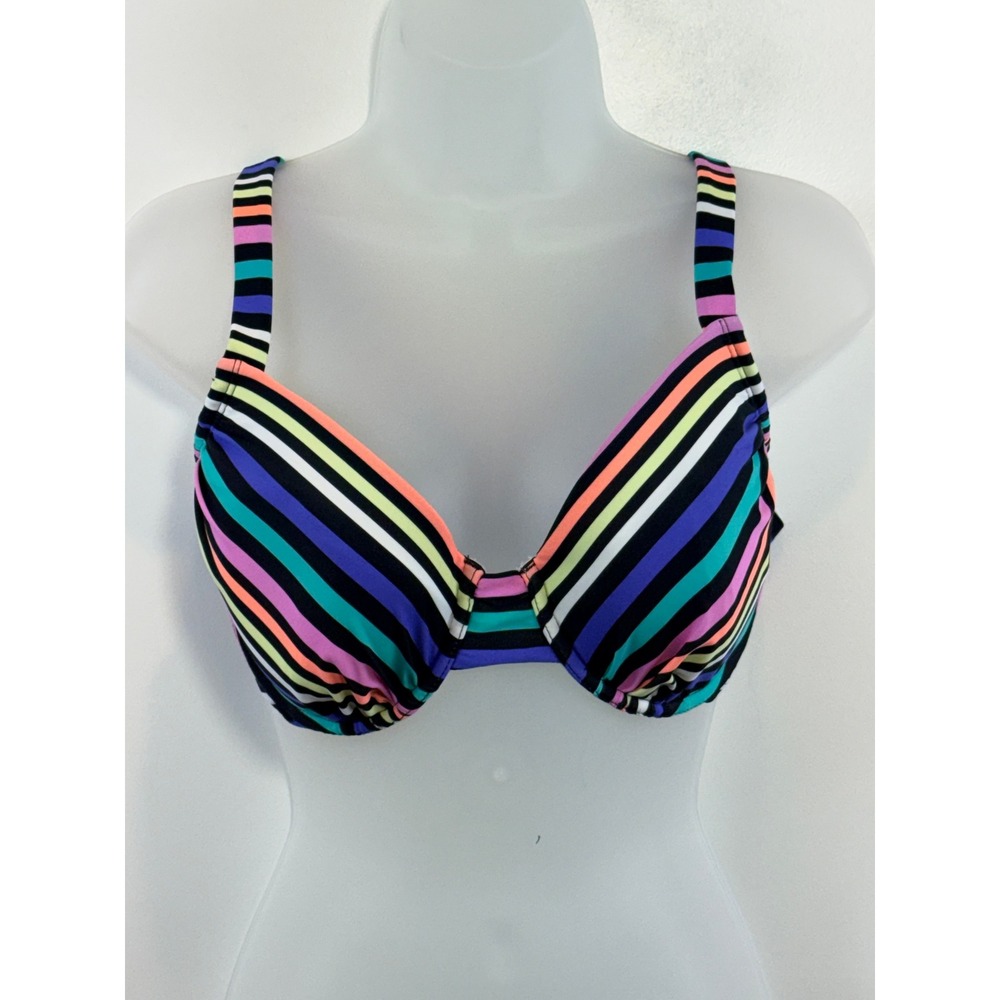 Swim Bikini Top‎ Hot Water Womens 1X Multi Color Rainbow Stripe Underwire Retro
